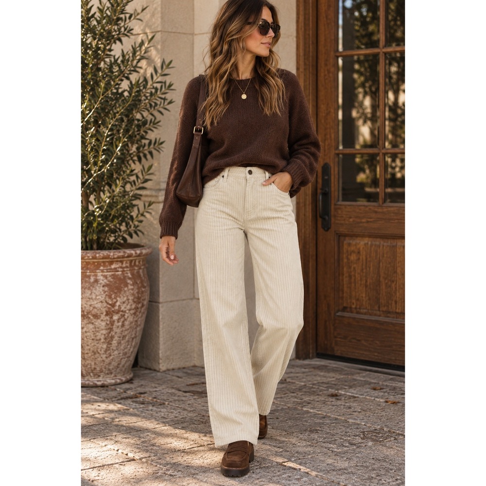 CAbi Asher Corduroy Wide Leg Pants Size 6 Cream Pinstripe
